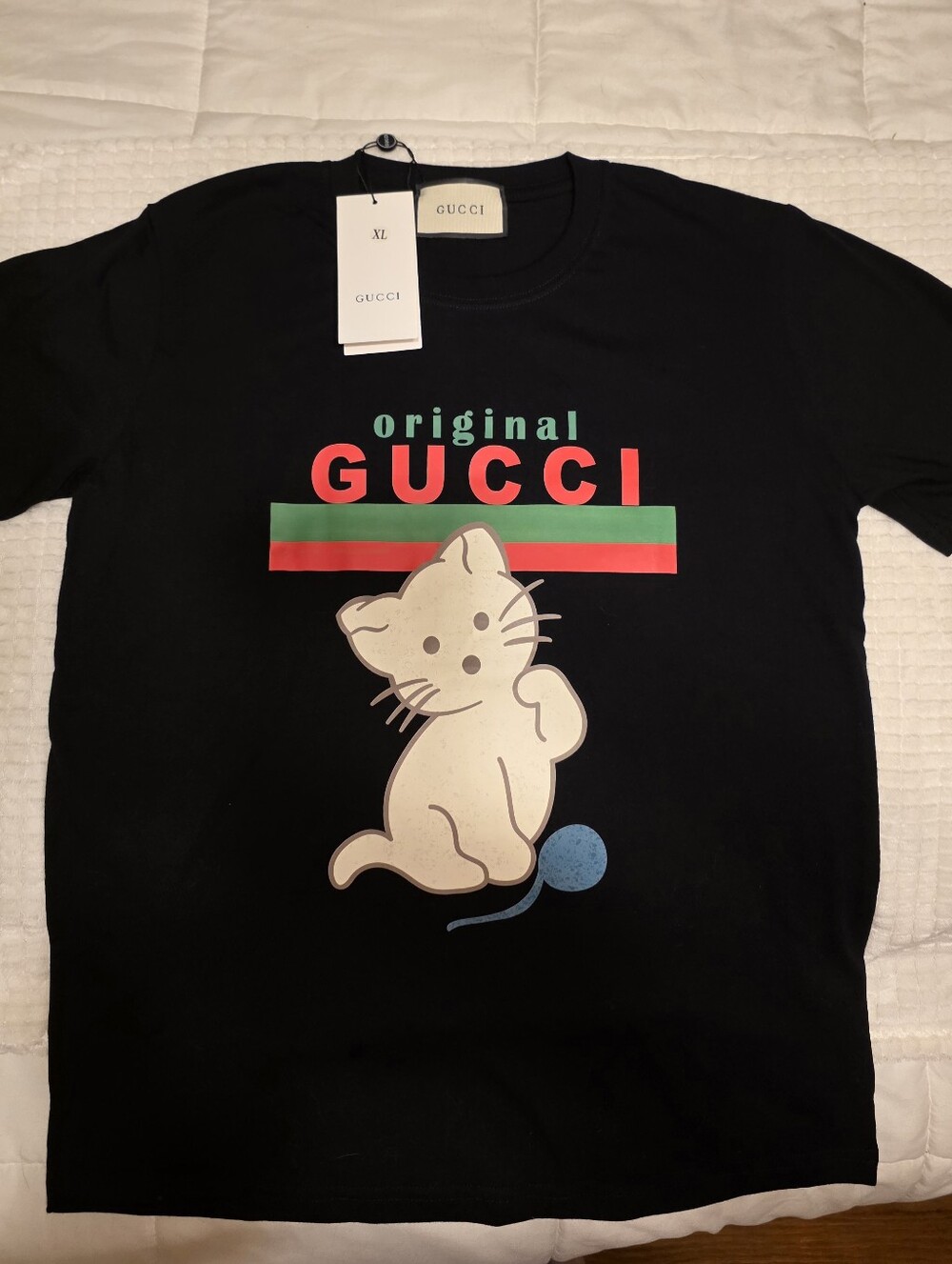 Gucci Black Graphic Cat Tee with Red & Green Stripe